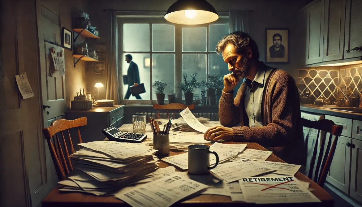 Pension Anxiety. A middle-aged man in his late 40s or early 50s sits at a kitchen table covered with unpaid bills and a calculator.